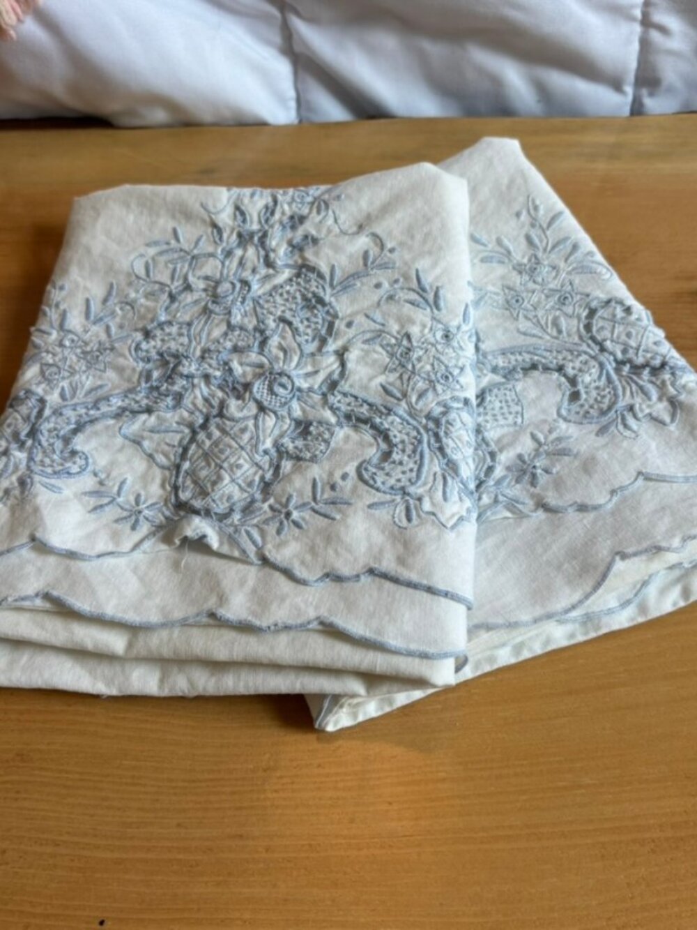 Vintage pillowcases light blue embroidered floral patterns